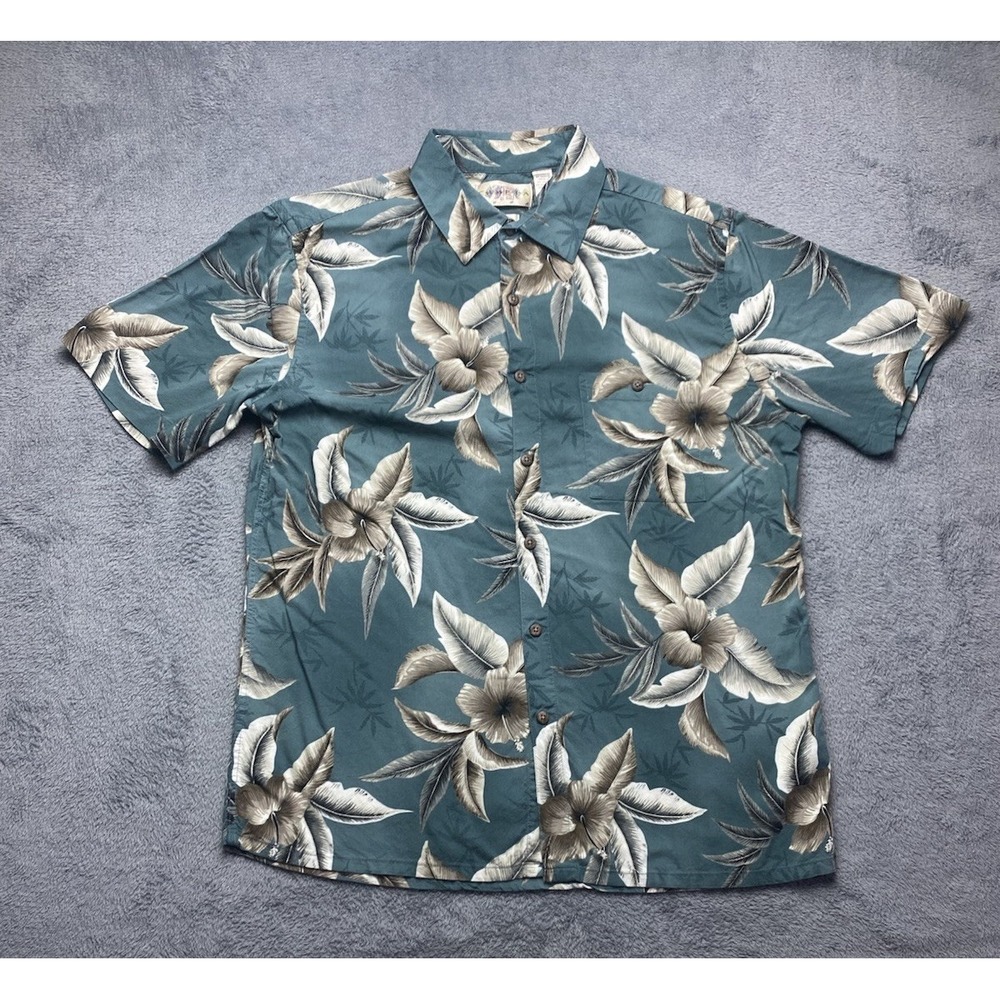 Campia Moda Short Sleeve Button Down Shirt Size L Hawaiian Floral Tropical Green